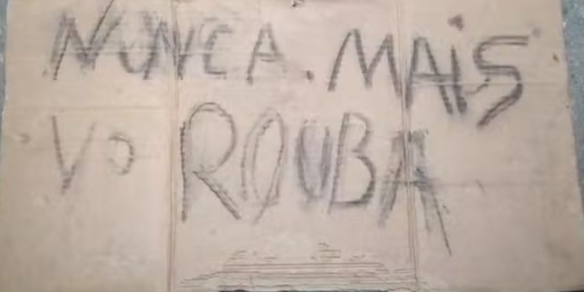 Com cartaz dizendo “nunca mais vou roubar”, homem é encontrado inconsciente e com mãos amarradas, em Valadares